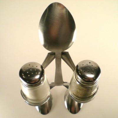 A salt and pepper pot holder made out of a spoon A salt and pepper pot holder made out of a spoon